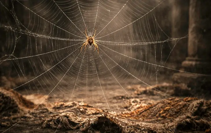 örümceğe dönüşen Arakne’nin ağ ördüğü ve yerde eski dokuma parçalarının bulunduğu sahne